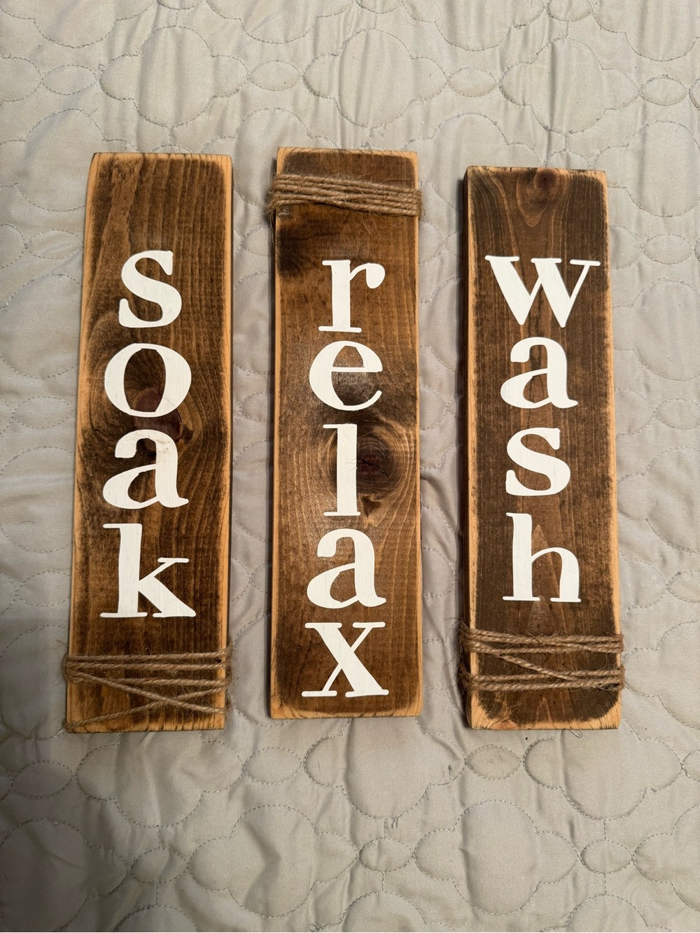 Wooden Bathroom Sign Set - Soak Relax Wash - Rustic Brown